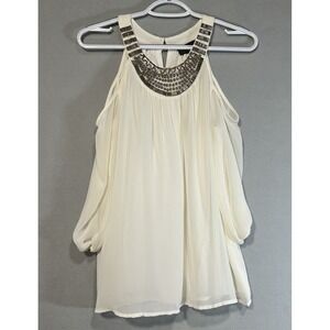 Thalia Sodi Gold beaded Neckline Cold shoulder Top‎ Size Small Cream 3/4 Fairy